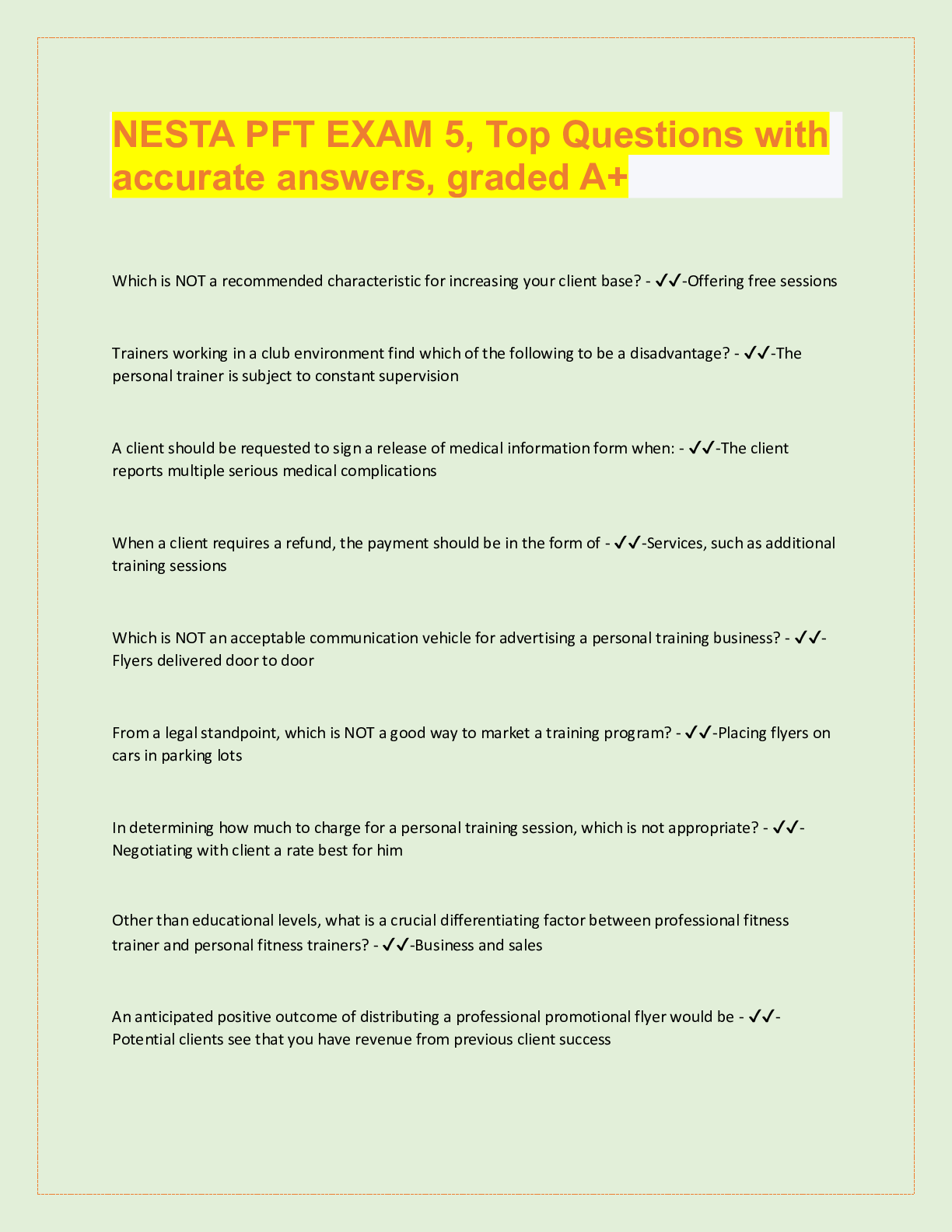 Preview image for NESTA PFT EXAM 5, Top Questions with  accurate answers, graded A+